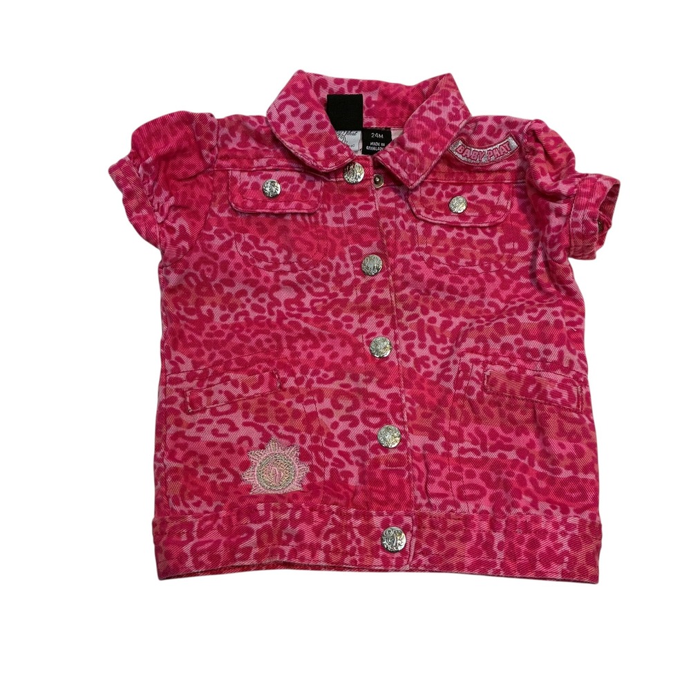 Baby Phat Infant Girls Pink Leopard Print Denim Jacket Short Sleeve Size 24M‎
